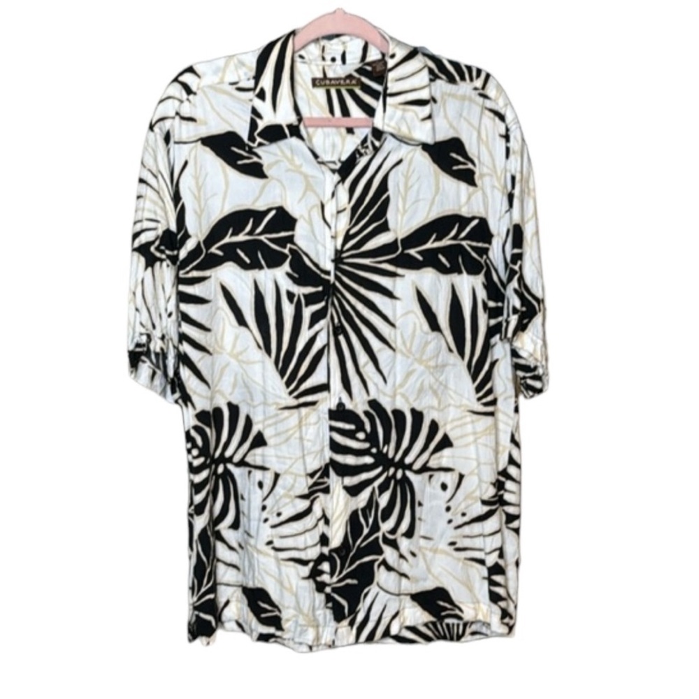 Cubavera Black and White Tropical Print Casual Button Down Shirt